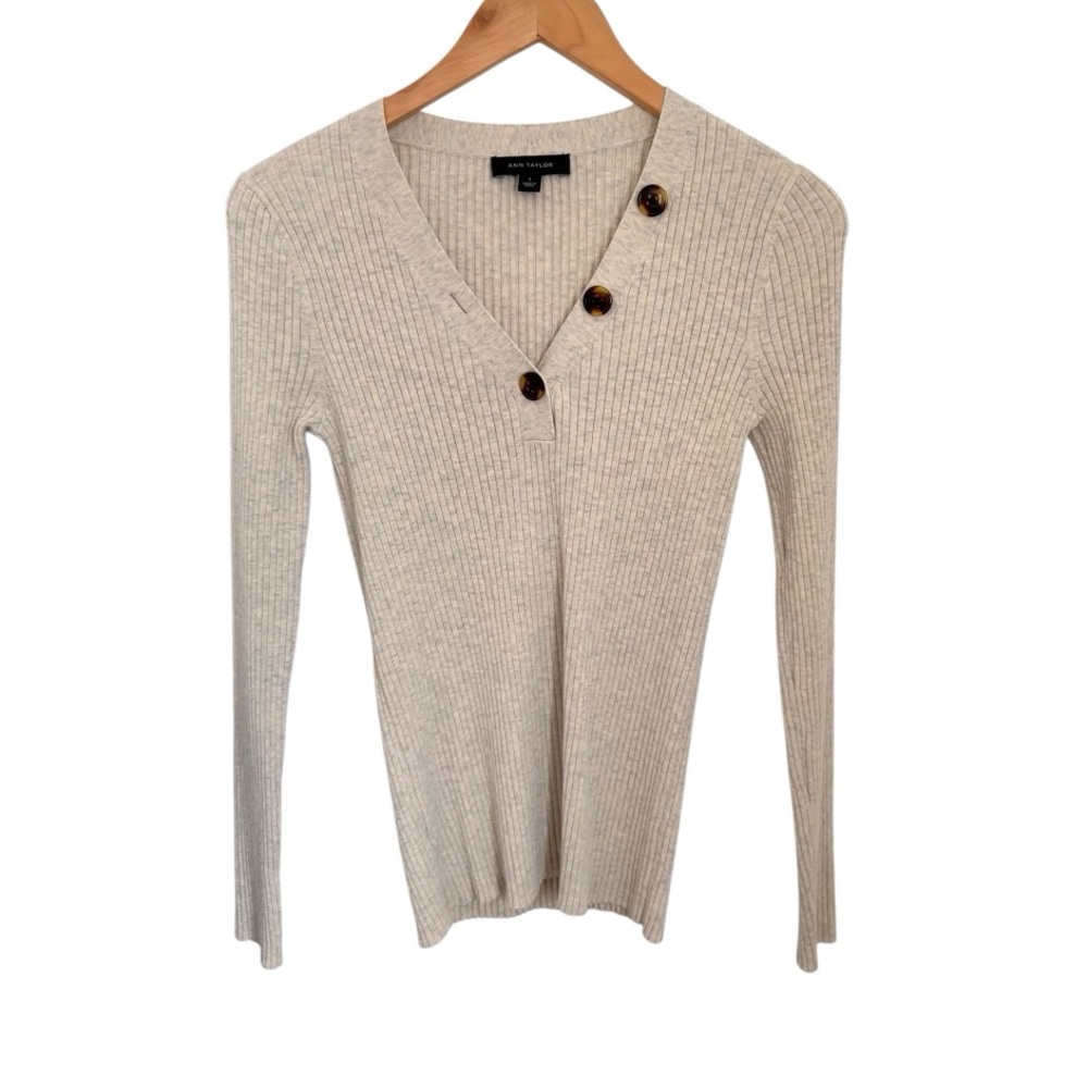 Ann Taylor Cream Ribbed Sweater with Button Detail